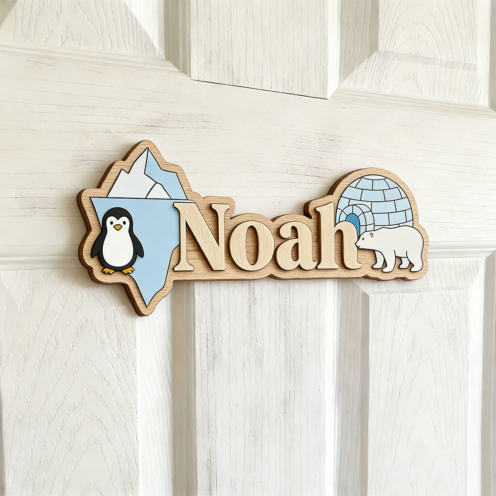 Baby Nursery Name Sign - Papan Nama Kustom Penguin Arktik &