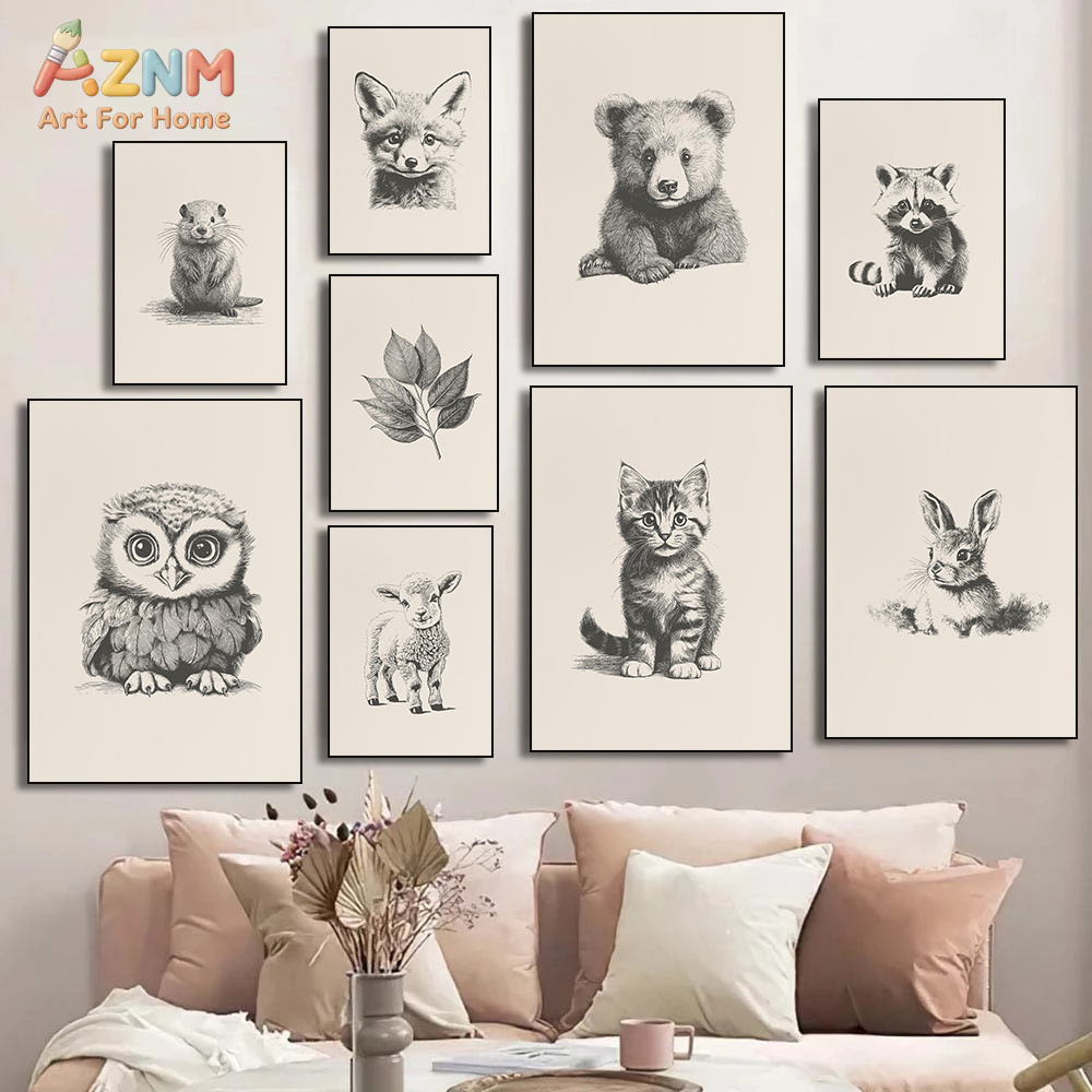 Baby Nursery Vintage - AZNM Lukisan Kanvas Vintage Sketsa Hewan