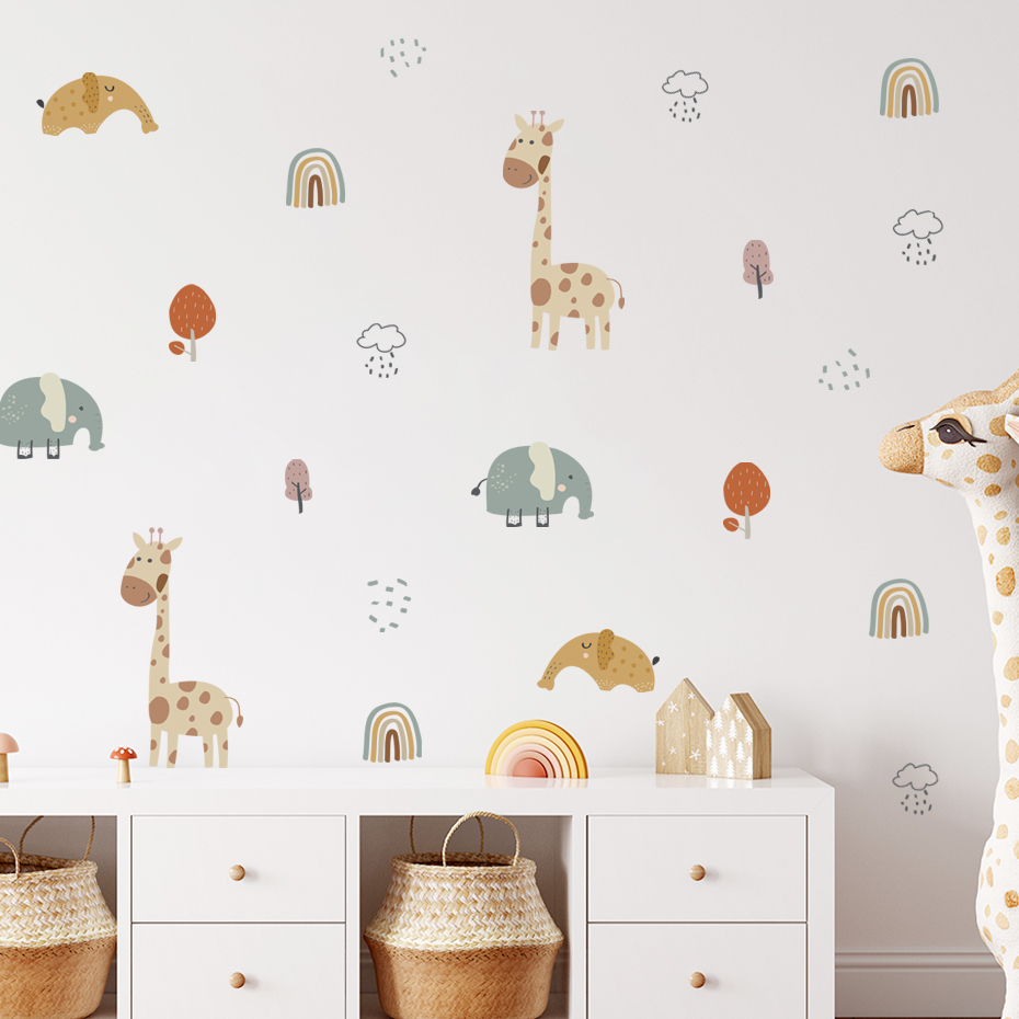 Baby Nursery Vinyl Wall Stickers - Kartun Jerapah Gajah Hewan Stiker Dinding