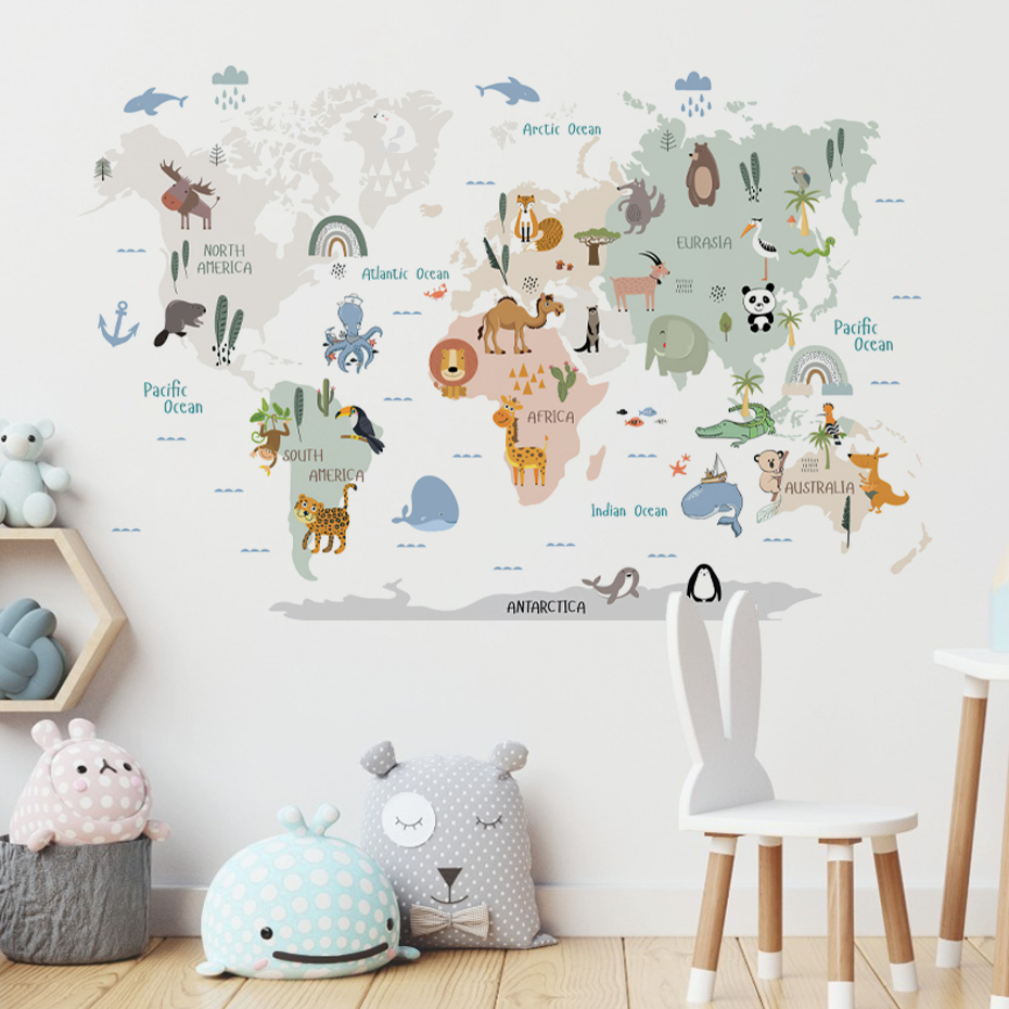 Baby Nursery Vinyl Wall Stickers - Stiker dinding peta dunia kartun cat