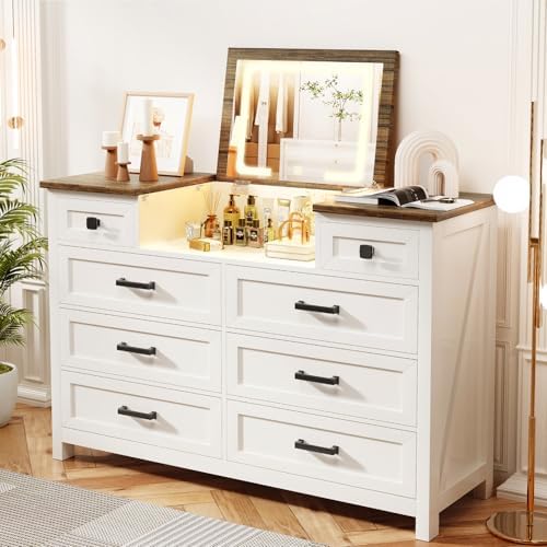Lemari dengan Cermin LED, 8 La - Drawer Dresser White ulasan dan harga